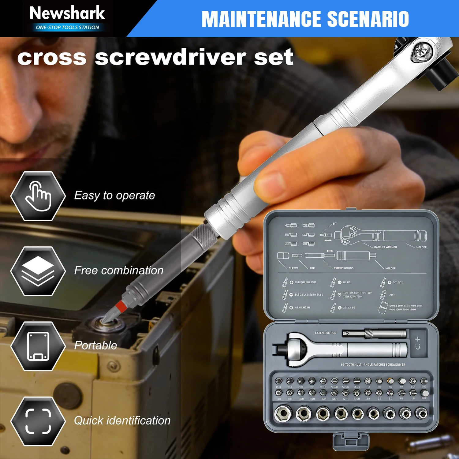 180° Ratchet Head Ratchet Screwdriver Set Magnetic Socket Wrench Semi-Automatic Multi-Purpose Repair Tool with Detachable Handle