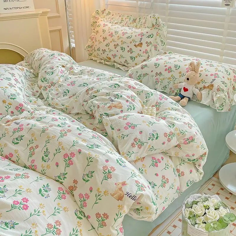 Cute Floral Duvet Cover Set Ins Korean Style with Flat Sheet Pillowcase No filler Washed Cotton Queen Double Home Bed Linens