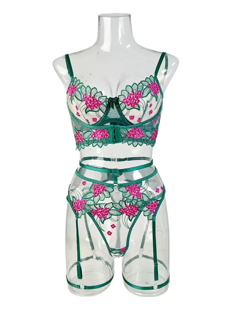 3Pcs Lace Sexy Embroidery Flower Bra Set Girls Women Bralette Transparent Green Underwear Thong Bras Lingerie Panties Sets