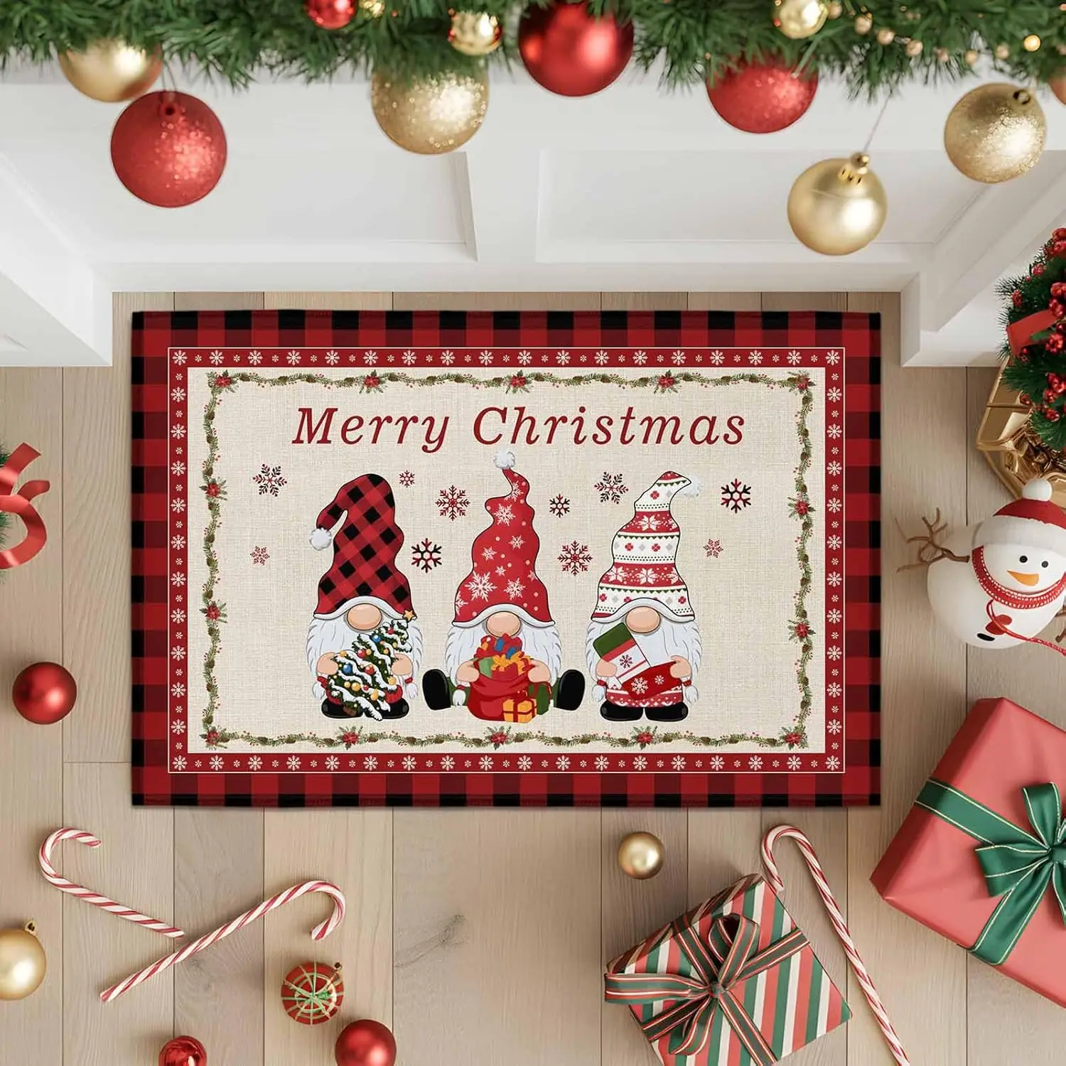 

VIKAMA Christmas Dwarf Interior Doormat, Retro Red Checkered Front Door Mat, Anti-Slip Entrance Carpet, Home Decoration