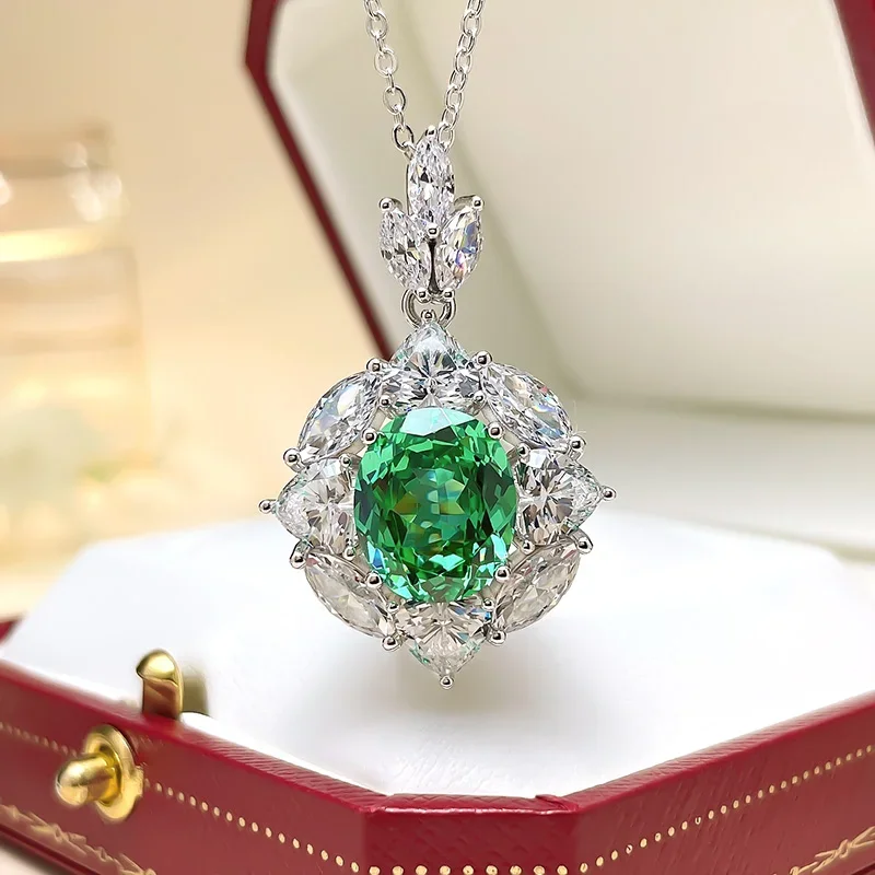 

925 Silver Green Tourmaline Pendant Necklace Light Luxury Celebrity Temperament Imported High Carbon Diamond Wedding