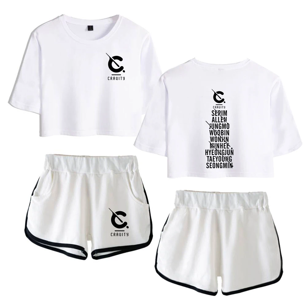 Fashion Novelty Creative Cravity Print Two Piece Set Women Sexy Shorts+lovely T-shirt Cute Classic Dew navel Sport Girl suits