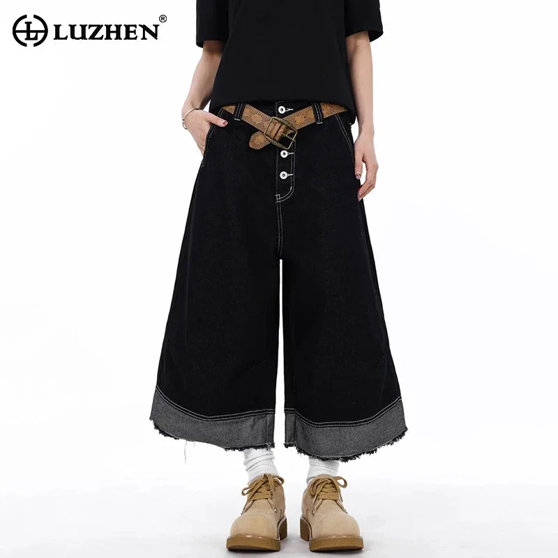 

LUZHEN American Style Trendy Splicing Design Wide Leg Denim Cropped Trousers 2025 Summer Fashion Loose Casual Male Jeans JY1997
