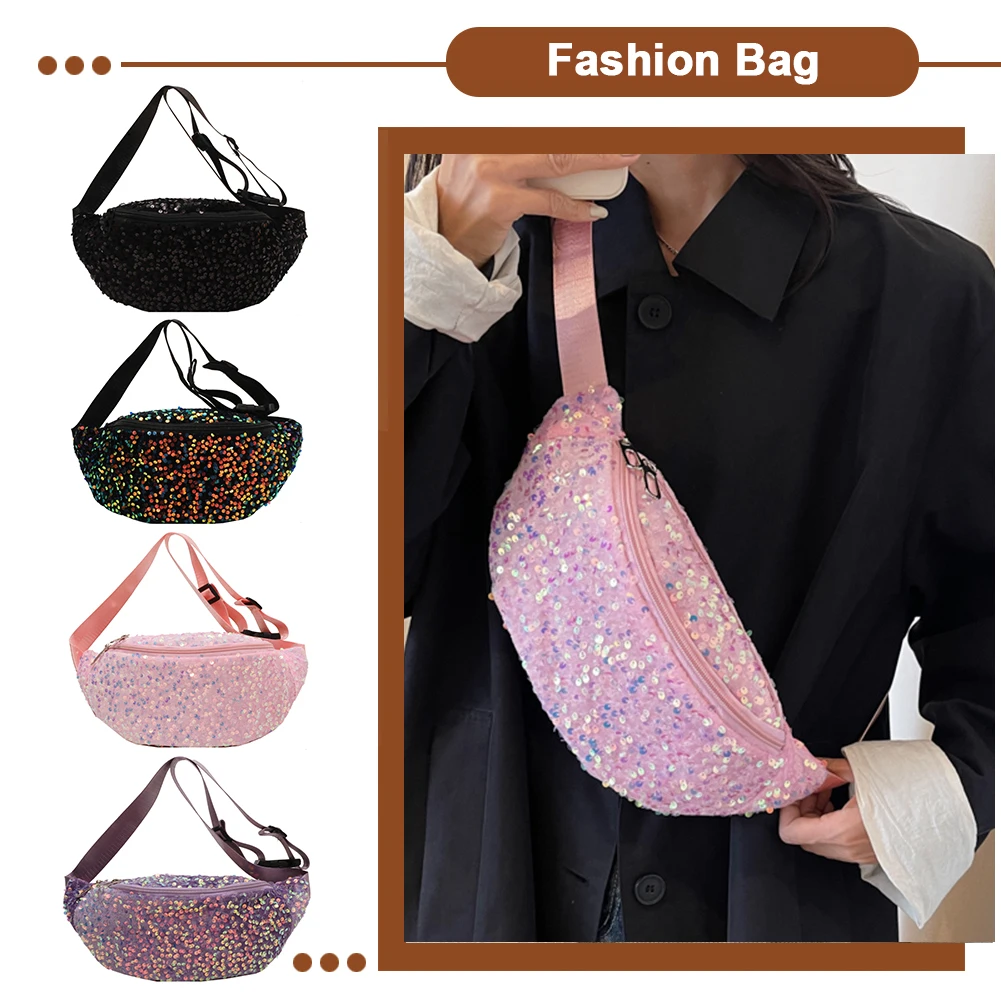 Women Trendy Crossbody Bag PU Leather Sequin Fashion Chest Bags Adjustable Strap Shining for Travel Shopping