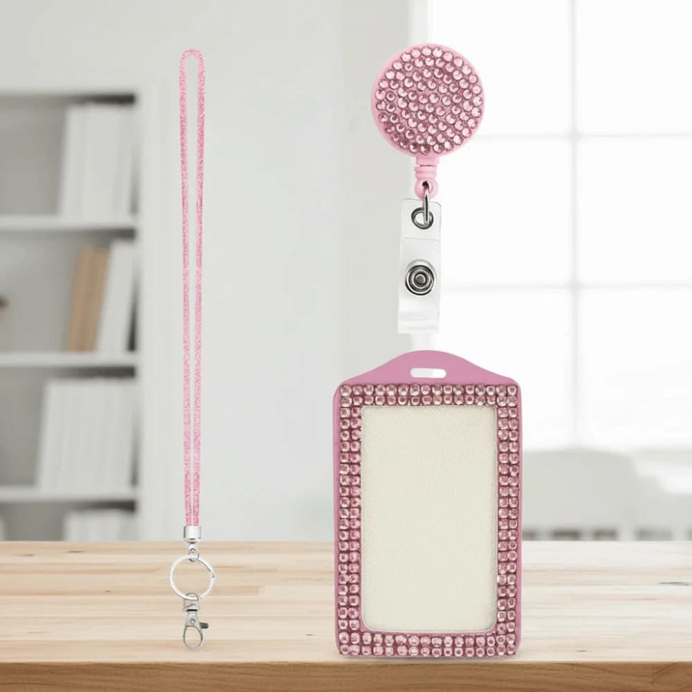 

Bling ID Holder with Lanyard Rhinestone Decorated Elegant Design Shiny Finish Badge Reel Retractable Lanyard Easy Pull Buckle