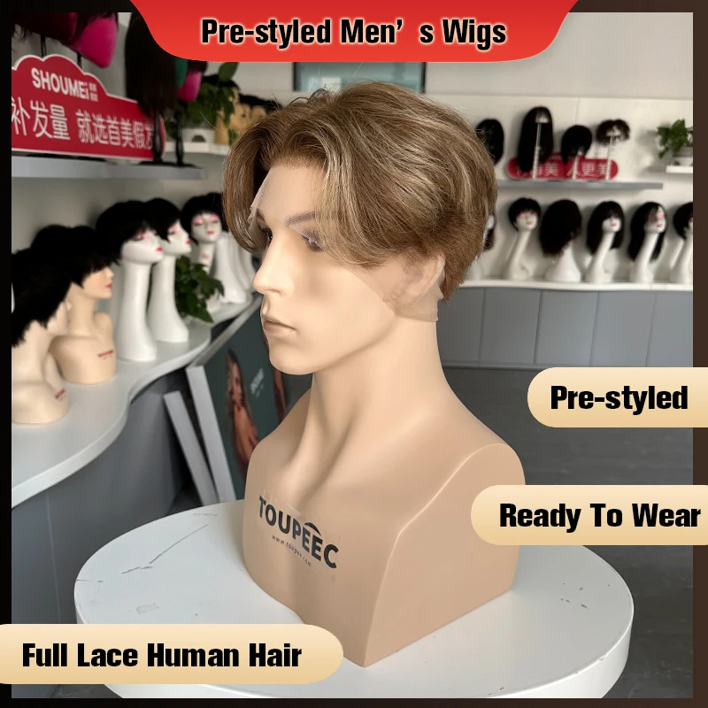 Pre Styled Full Lace Wig Male Wig Men\'s Wig Highlight Brown Color Easy To Wear Transparent Full Lace Human Hair Wigs For Men