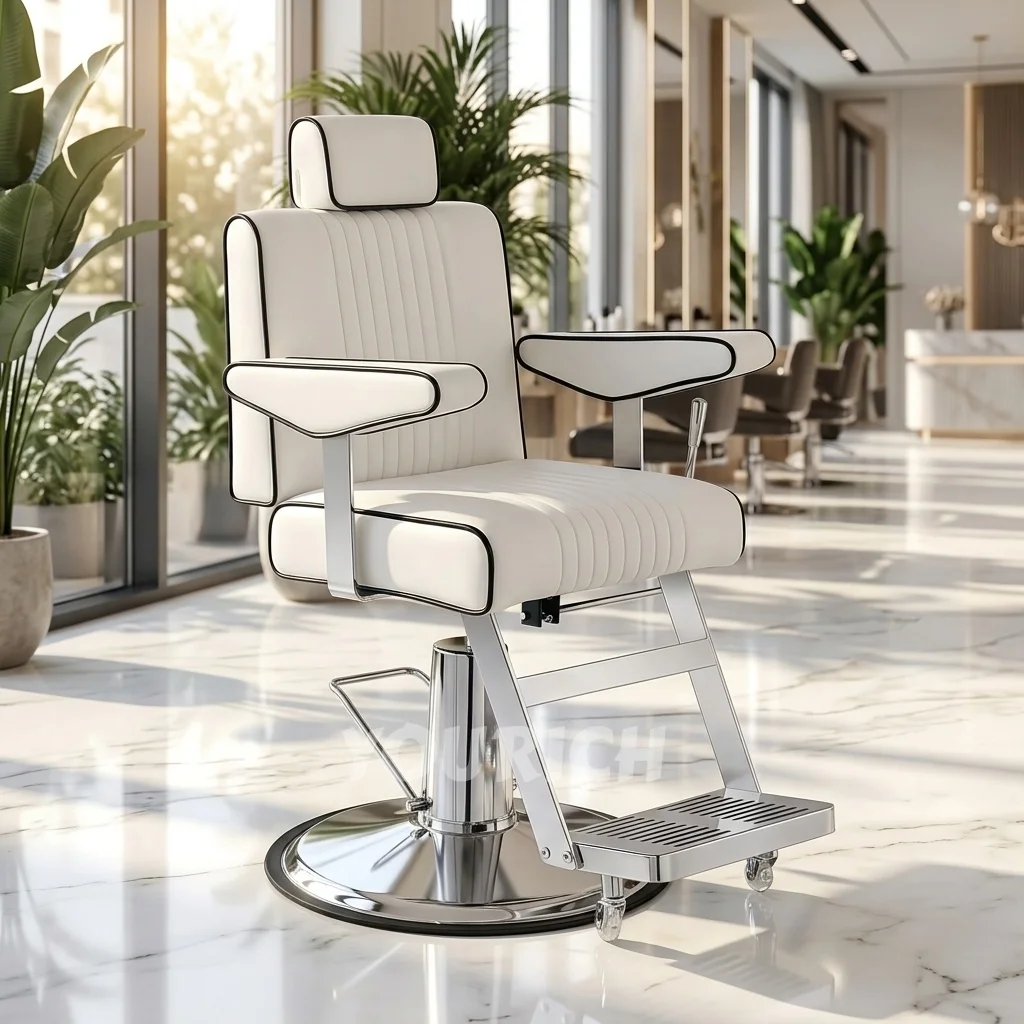 Traditional Style Reclining Ergonomic Height Adjustable Barber Chair For Luxury Salons And Spas Stainless Steel Salon Furniture