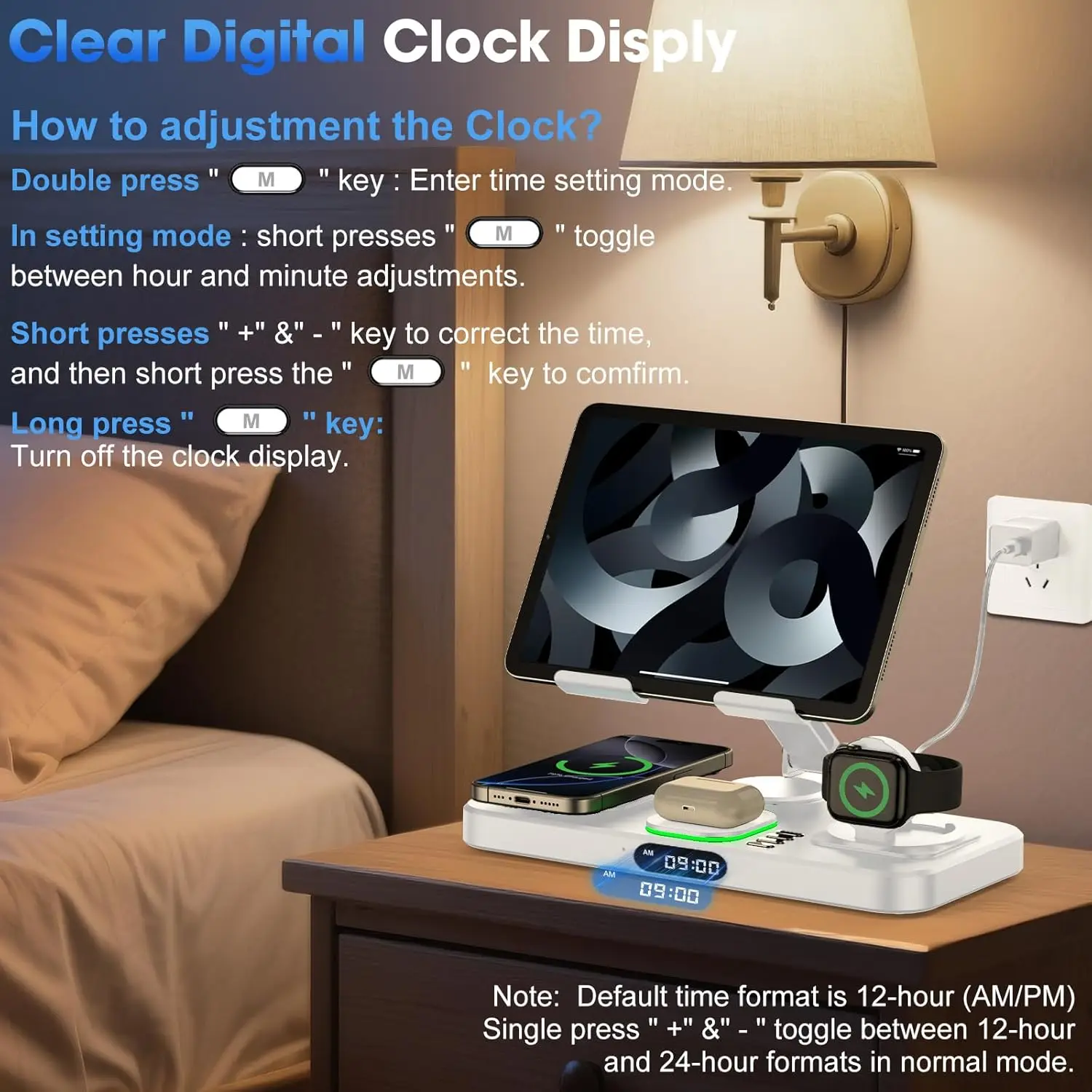 6-in-1 Wireless Charger for Apple (iPhone/Watch/AirPods/iPad) - with Clock, 7-Color Light, Foldable Rotatable Stand