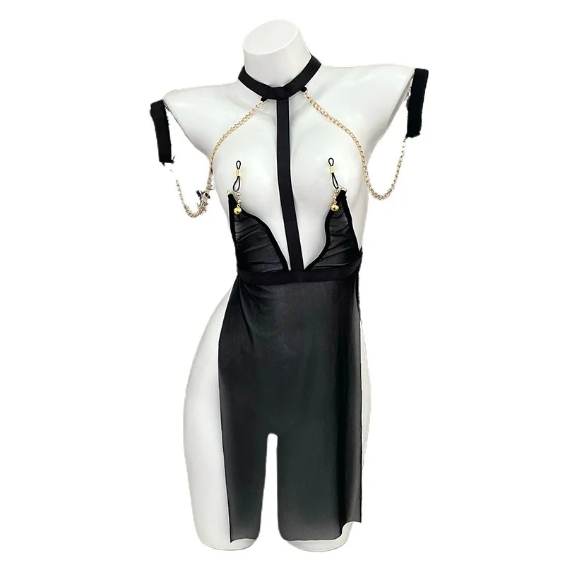 طقم قميص مثير شفاف من الدانتيل مفتوح من الأمام مع حزام سلسلة SM زي إغراء ملابس داخلية نسائية ManYu زي لعب الأدوار #5