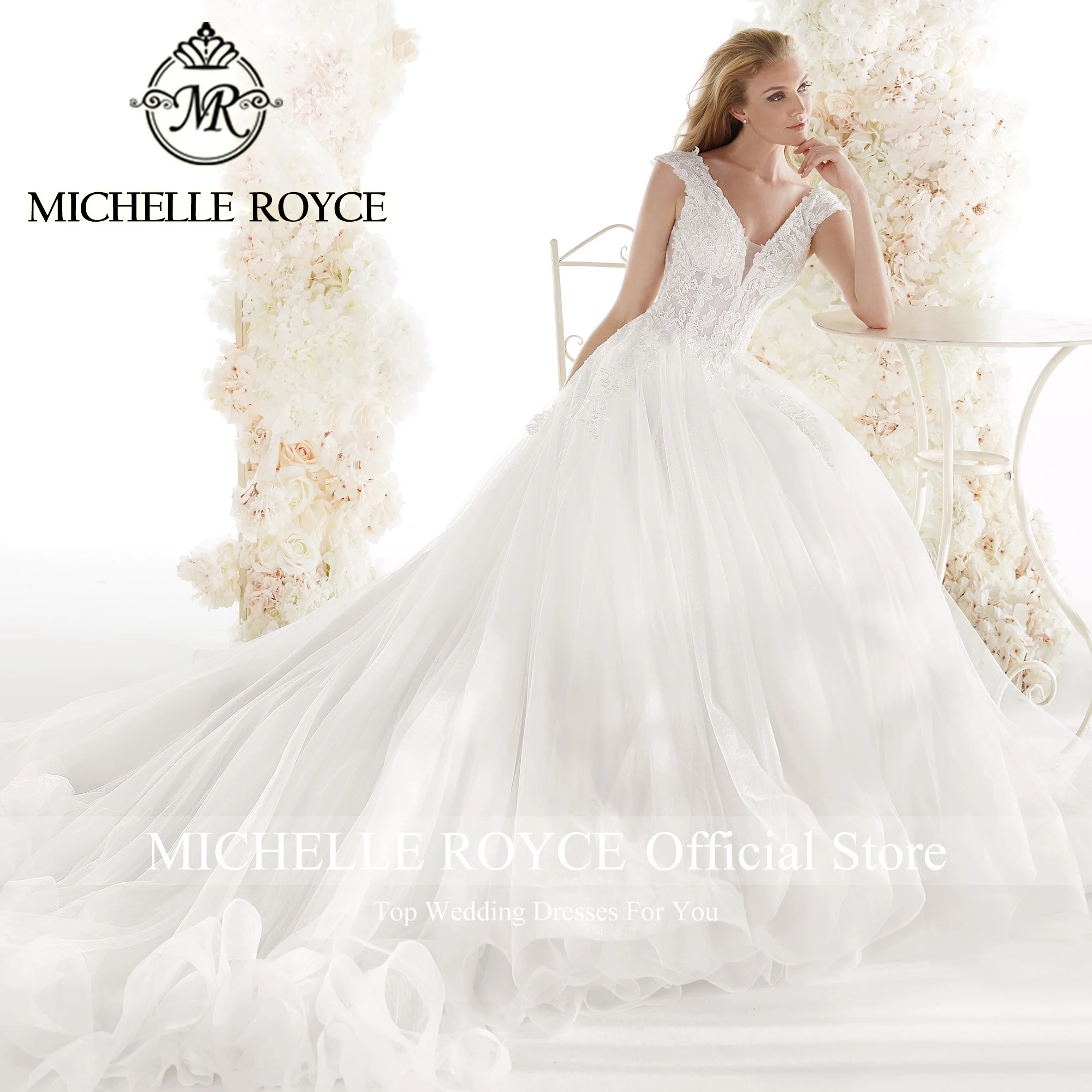 

Michelle Royce Ball Gown Wedding Dresses For Women Elegant V-neck Zipper Wedding Gown Embroidery Bride Dress Vestidos De Novia
