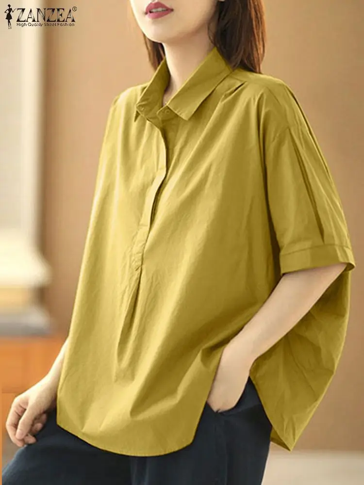 Zanzea lässige Frauen Hemd Button-Down-Kurzarm minimalist ische lose Hemden einfarbige koreanische Mode übergroße Arbeit Tunika Top