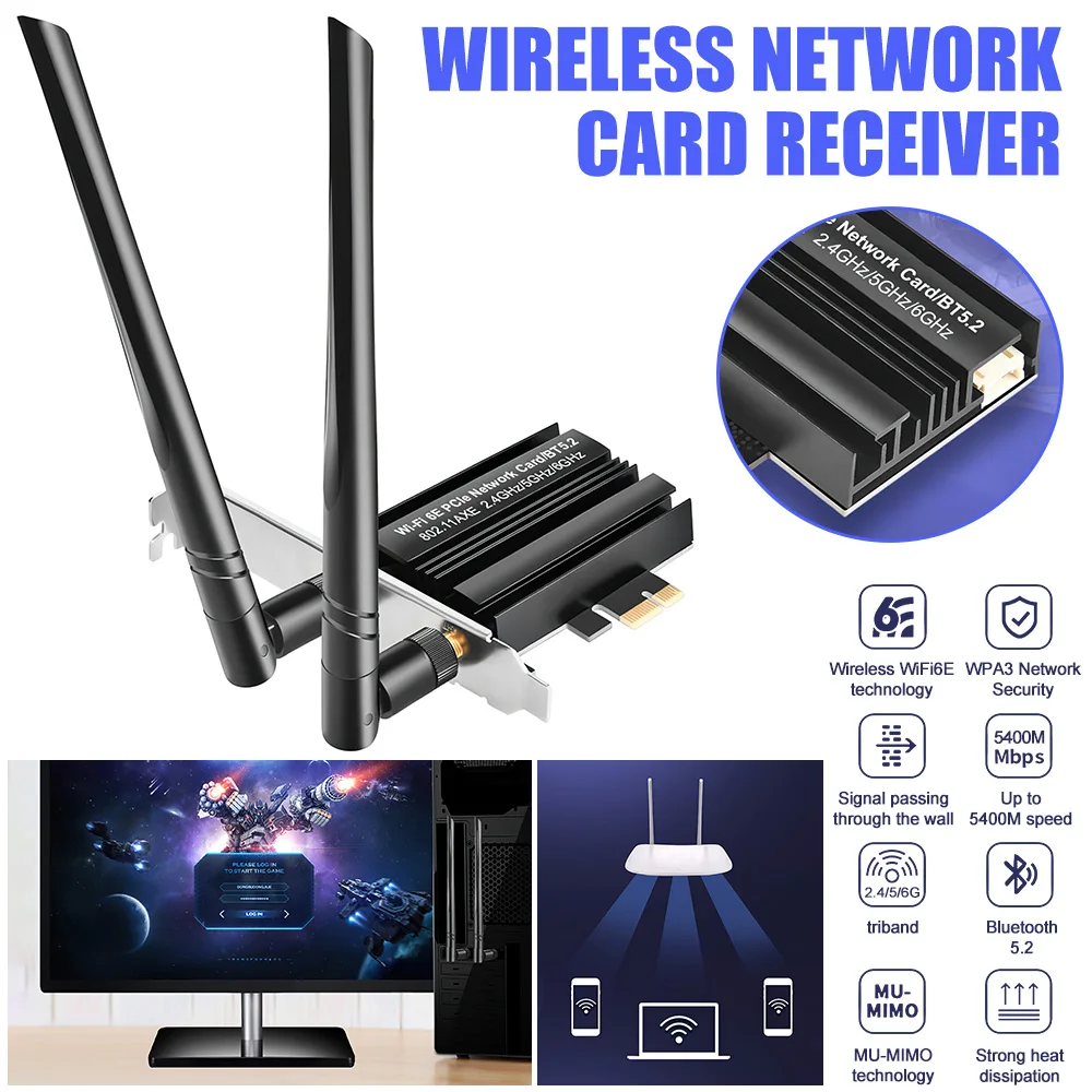 Adaptador Bluetooth 5,2 tarjeta Wifi Pci-E de alta velocidad tarjeta de red Wifi 6e conexión estable tarjeta de red de doble banda para oficina en línea