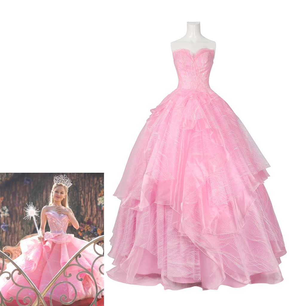 Wicked Glinda Cosplay Costume Adult Women Pink Dress Crown Earrings Set Film Outfit Halloween Carnival Party Clothing Custom