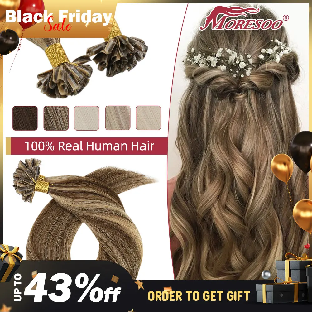 Moresoo Nails Tip Hair Extensions 100% Real Human Hair Brazilian Hair Machine Remy 50G 50S for Women Straight Utip Extensions