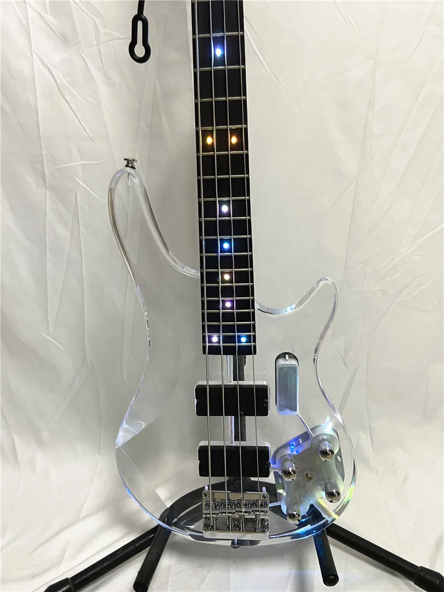 Crystal Acrylic Body 4 String Electric Bass Guitar Active Pickups with LED lights flashing Professional Bass Guitar