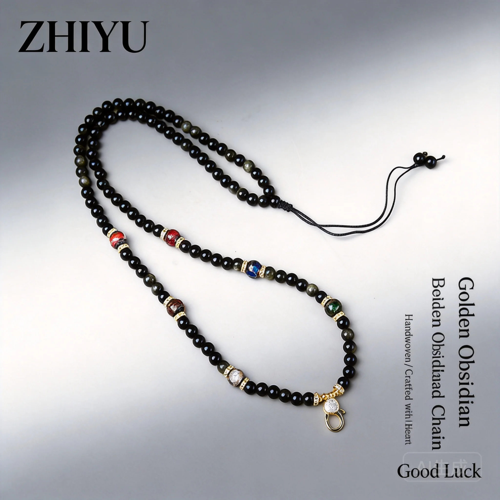 Chinese Style Lucky Gold Sheen Obsidian Beaded Necklace 6mm Beads Adjustable Quick Release Clasp For Thangka Amulet Buddha Penda