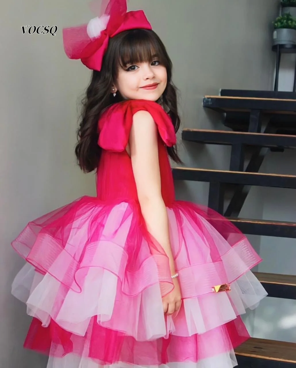 Flower Girl Dress Pink Gradient Tulle Puffy Skirt Big Bow Sleeveless Kids Princess Gown Wedding Party Children Formal Dress