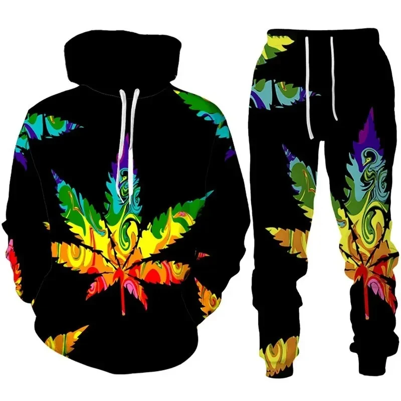 Colorful Maple Leaf Hooded Sweatshirts 3D Printed Hoodie And Pants Tracksuit Suit Men Casual Street Pullover Sweatshirt Set