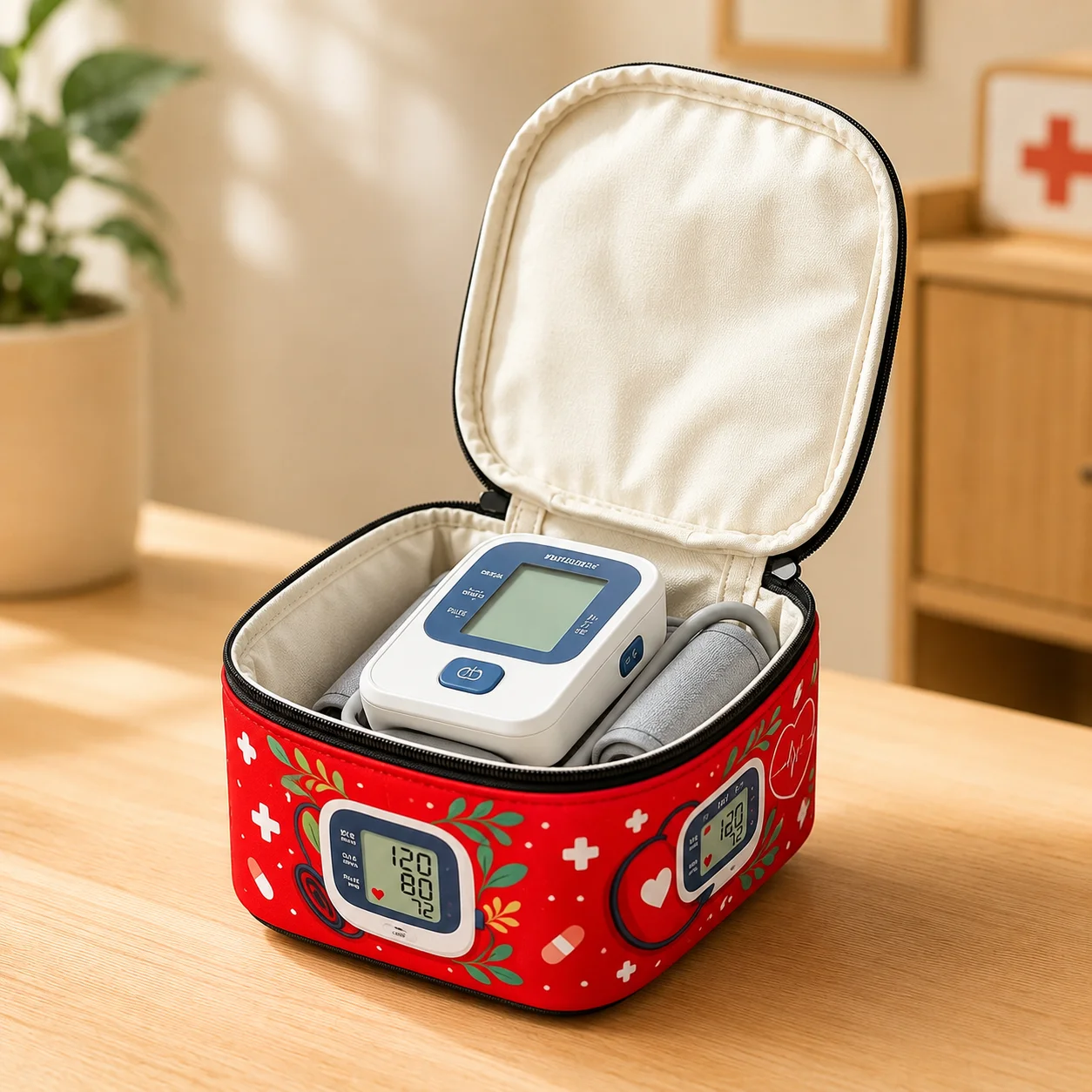 Blood Pressure Monitor Case Red Medical Print Storage Bag Home Health Care Travel Organizer Protective Device Pouch Holder