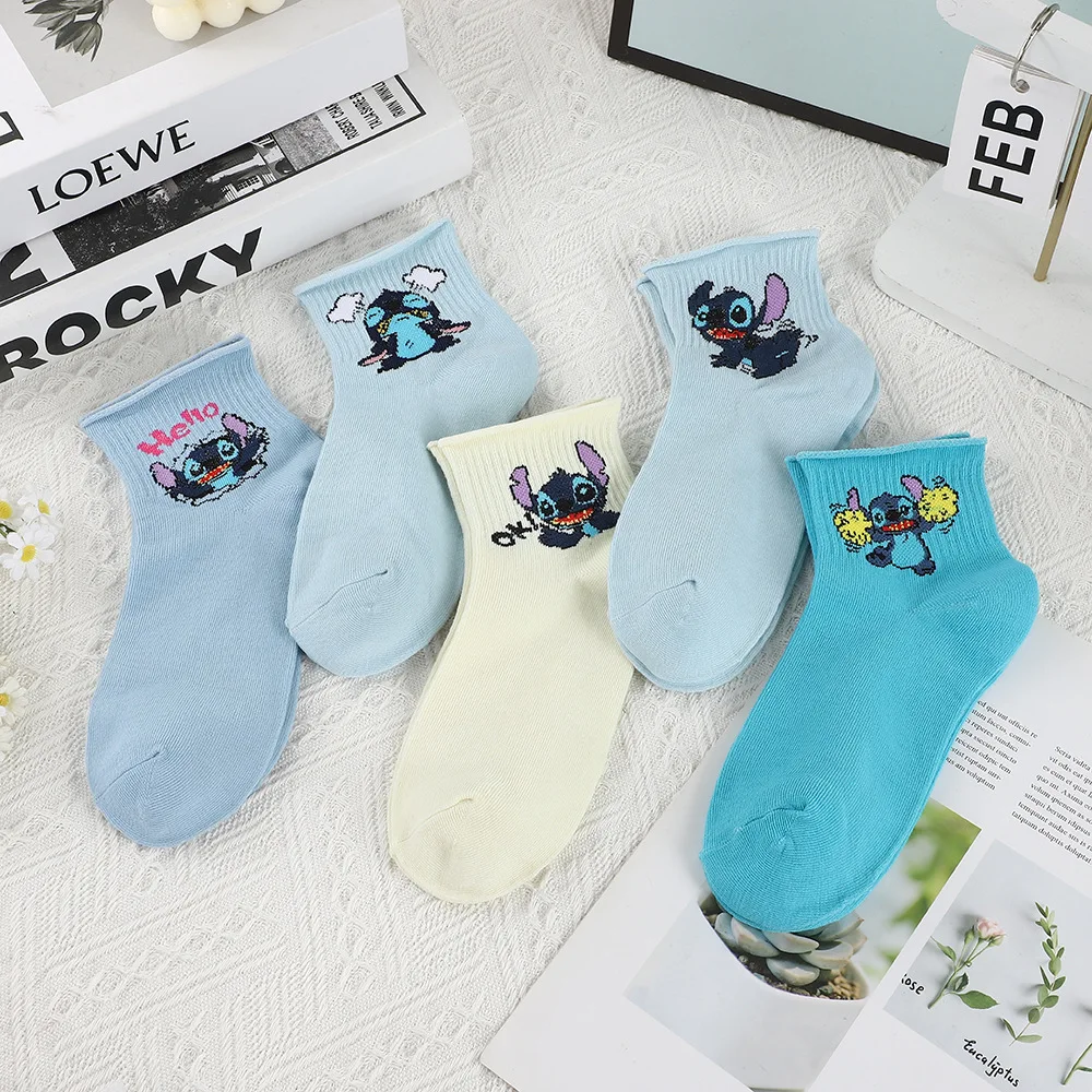 

5 Pairs Disney Stitch Socks Trendy Cute Cartoon Anime Stitch Pattern Women's Socks Comfortable and Soft Outdoor Casual Socks