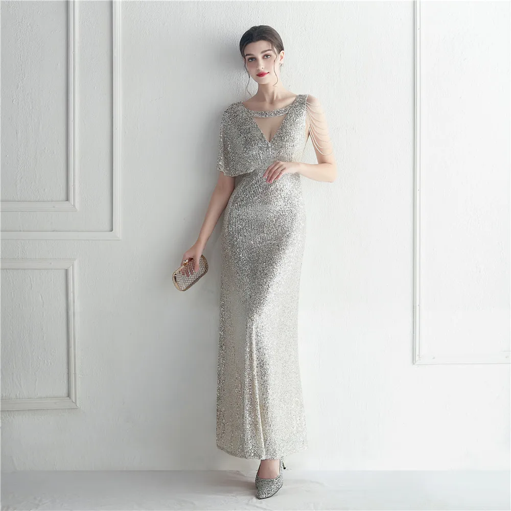 DEERVEADO Cap Sleeves Silver Sequins Evening Dress Long Elegant Party Dresses for Women 2023 Formal Occasion Dress Prom Gown