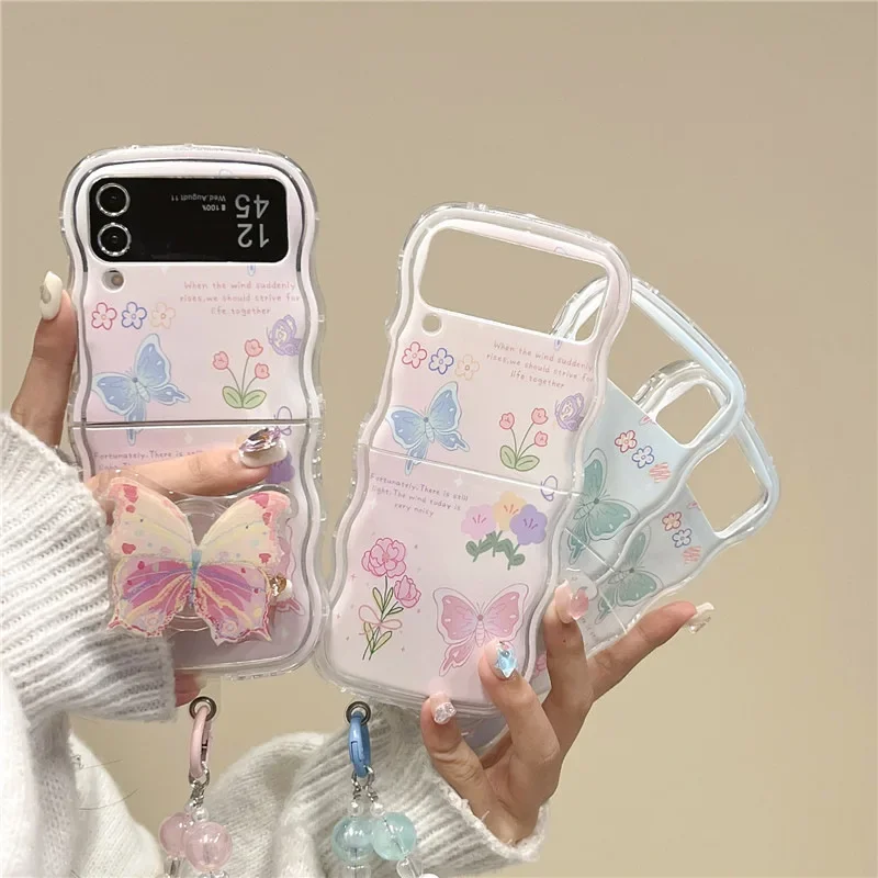 

Flower Butterfly Phone Stand Case for Samsung Galaxy Z Flip 6 5 4 3 Protective Back Cover for ZFlip4 ZFlip5 ZFlip6 Case Shell