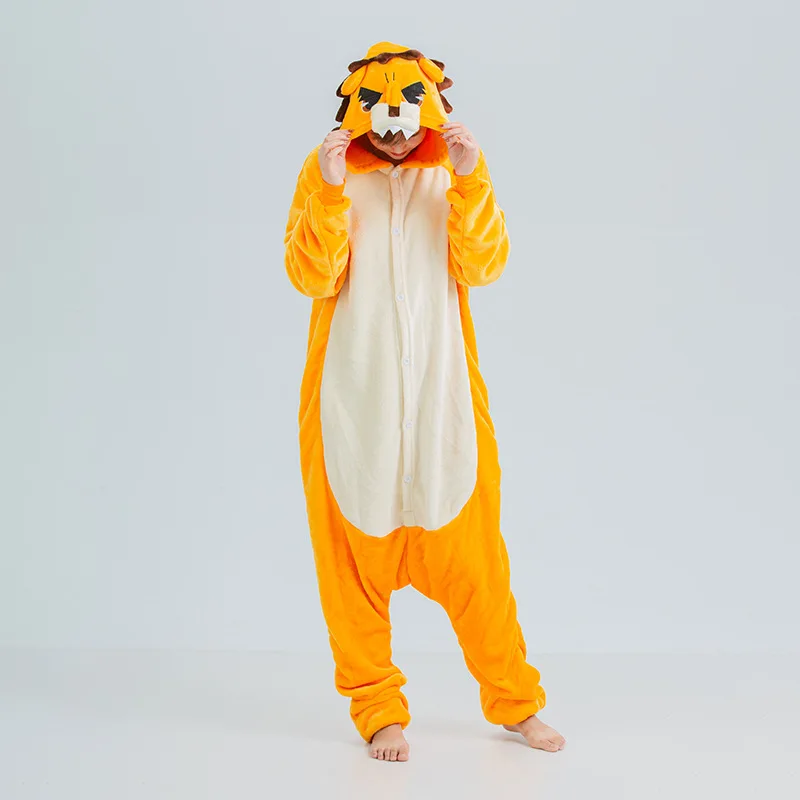 

Orange Close-eyed Lion Hooded Flannel One-piece pajamas Button Onesie Couple Sleepwear Comfortable Leisure wear