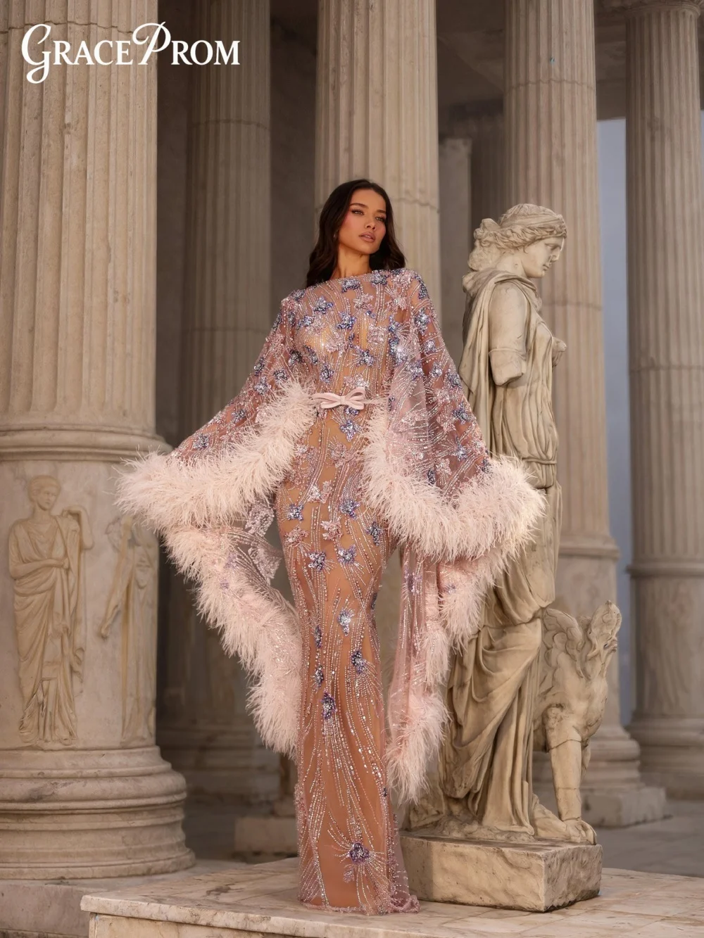 

Romantic High Neck Evening Gown 2026 Faded Pink Purple Nude Bead Sequin Cape Sleeve Party Dress For Wedding Guests فساتين سهرة