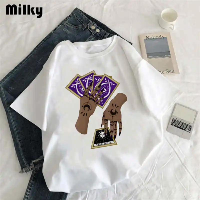 Gothic Women's Tarot Hand Funny Time Ladies Cartoon Fashion Short Sleeve Harajuku Printed T-Shirt Female T-Shirt Top Pattern