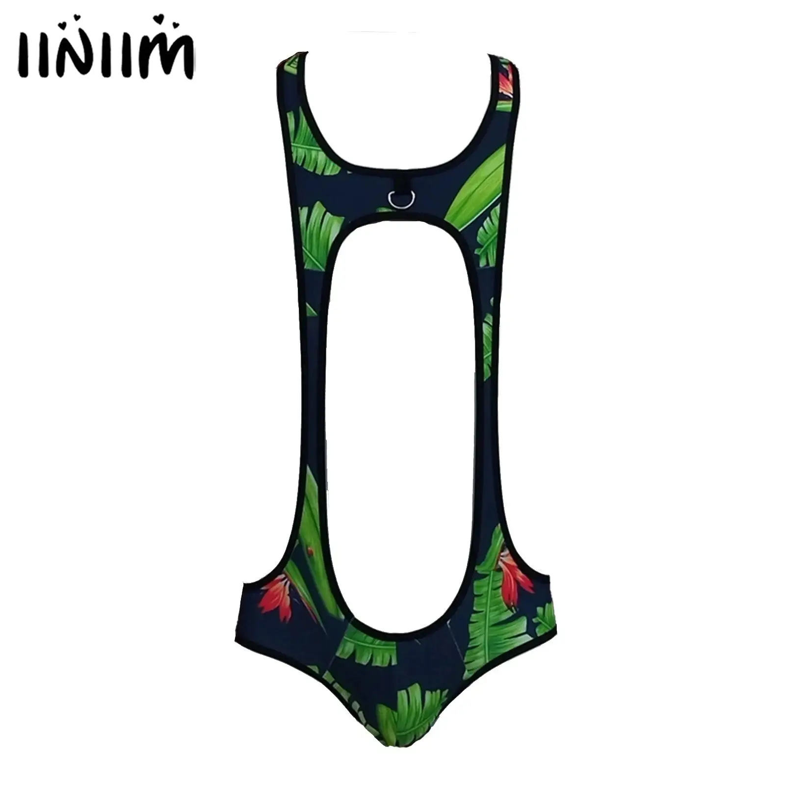 Mens Cutout U Neck Sleeveless Bodysuit Solid Color/Rainbow Stripe/Leaf Printed Open Butt Leotard Bodybuilding Wrestling Single