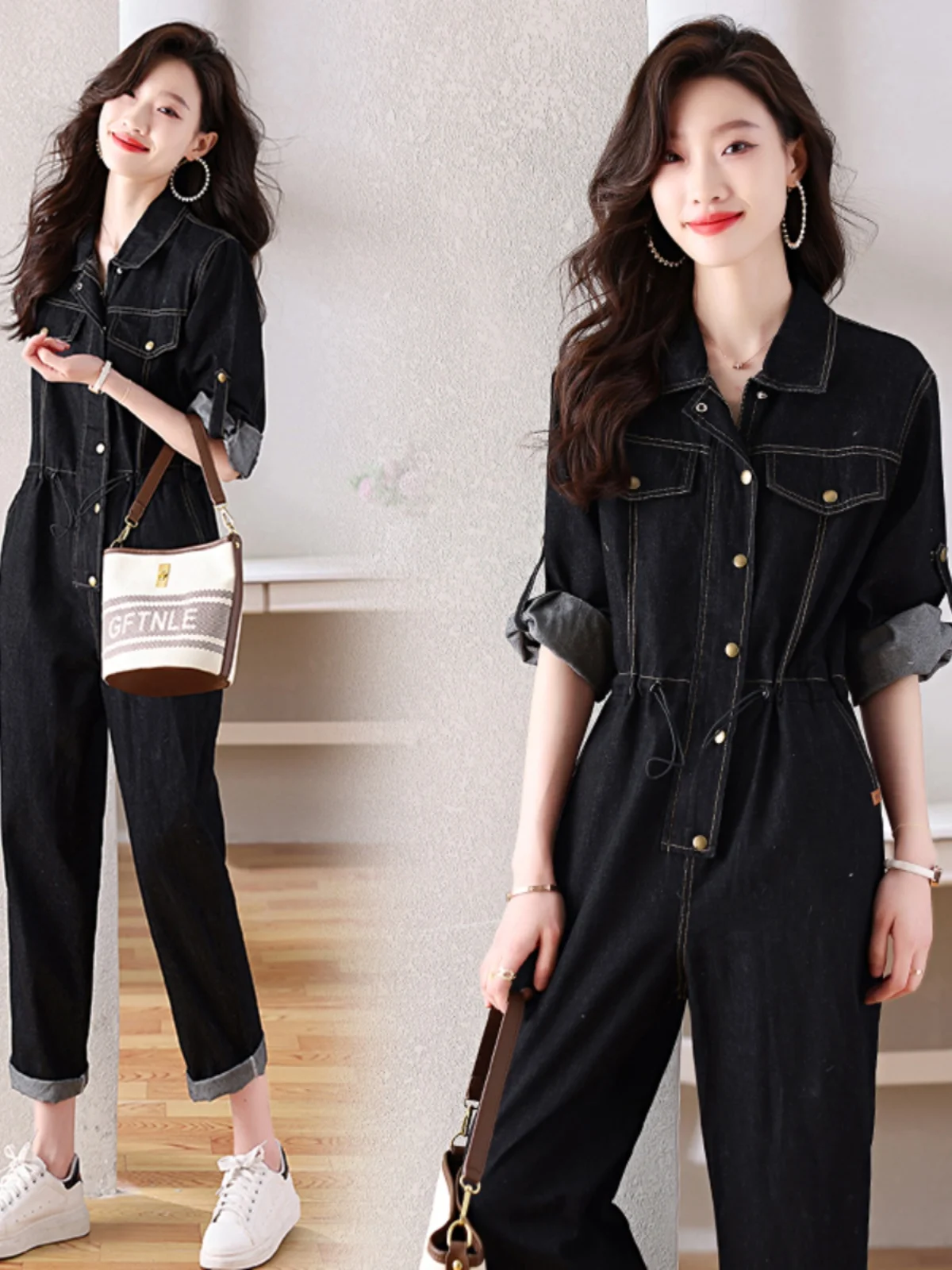 

Bla Denim Jumpsuit Women's Spring Autumn Long Sve Waist-Cinching Set Casual Wide Leg Pants l Waist Zipper Closure