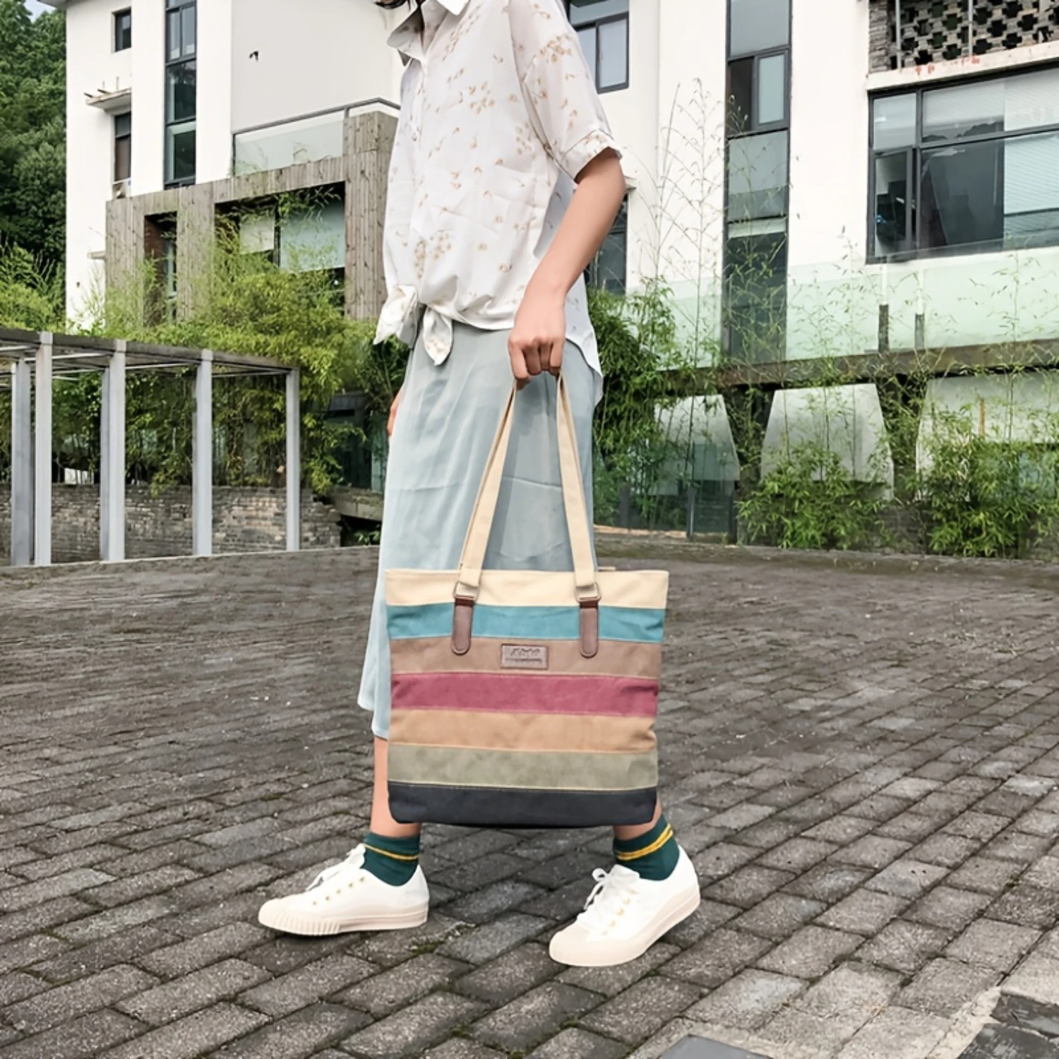 Vintage Colorblock Tote Bag, Retro Large Capacity Shoulder Bag, Women's Canvas Hippie Grunge Handbag & Purse