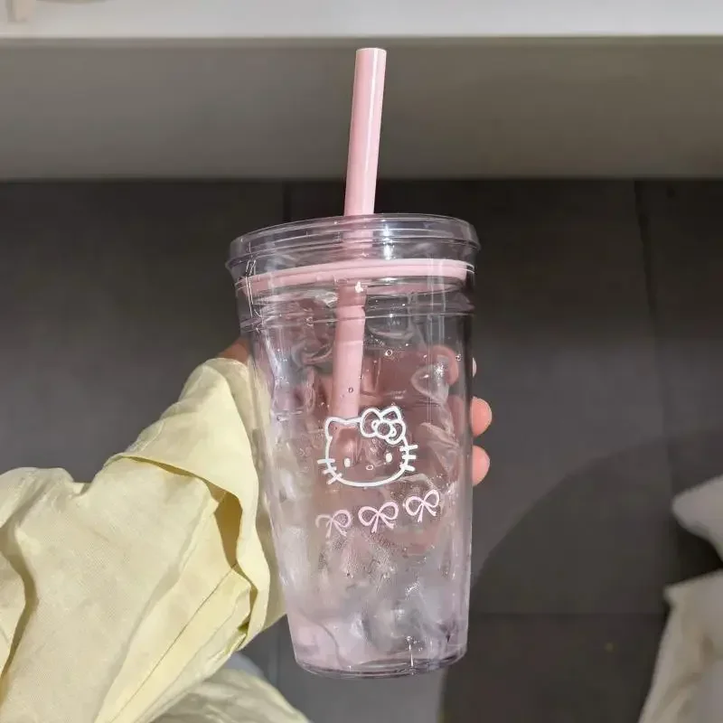 Anime Hello Kitty Pink Straw Cup KT Cat Large-Capacity Transparent Plastic Water Cup Kawaii Plastic Portable Cup Christmas Gifts view 5