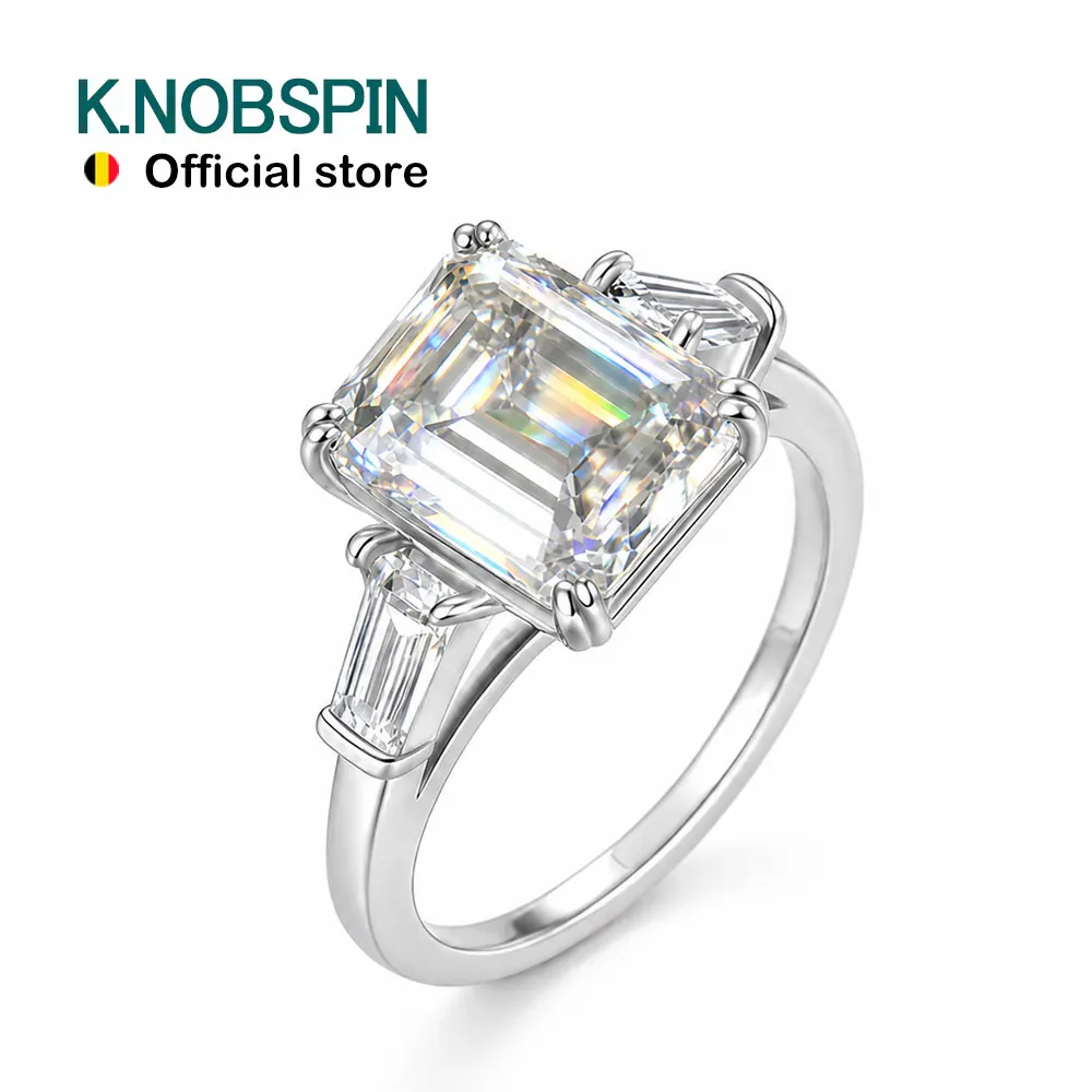 KNOBSPIN 8x10mm 4ct Emerald Cut Moissanite Engagement Ring S925 Sterling Silver Wedding Rings for Women Anniversary Jewelry Gift