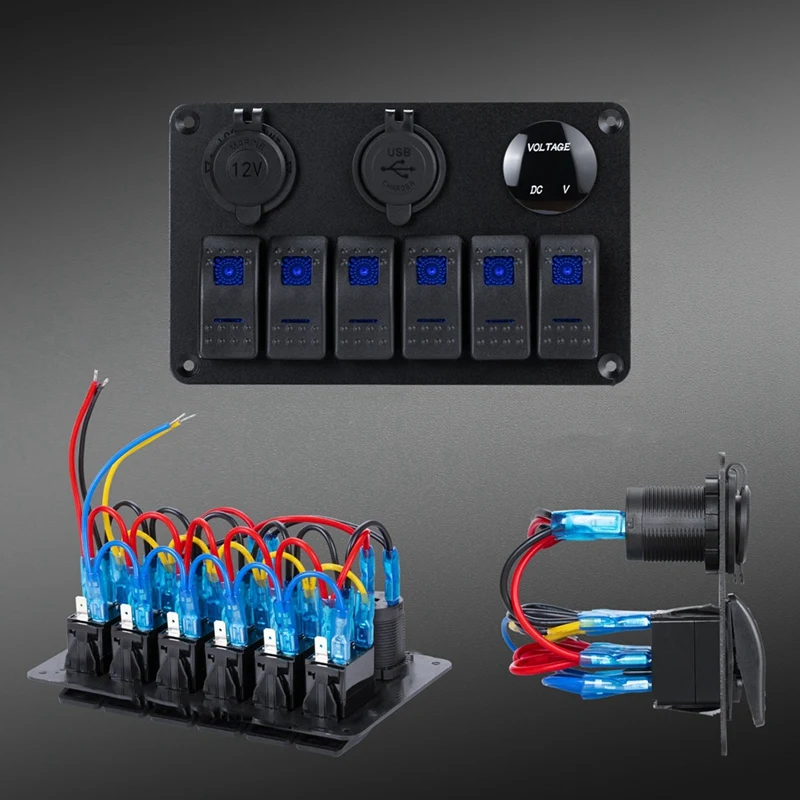 6 Gang Marine Rocker Switch Panel Waterproof 12 Volt, Boat Toggle Switch Panel 12V Blue LED Lighted For Boat Car RV UTV