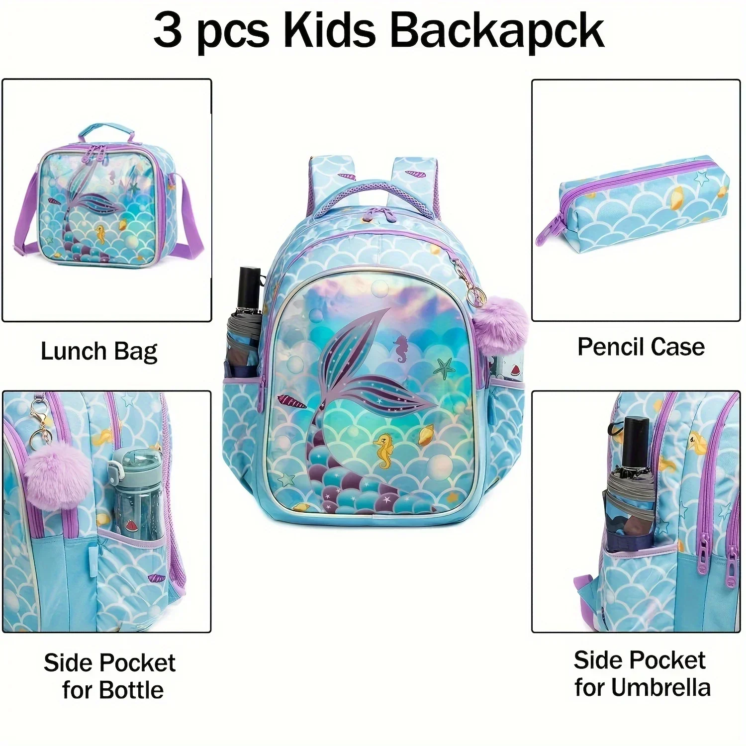 Rugzak School Kids Meisjes Set met Lunch Etui Waterdichte Schooltassen voor Meisjes Zeemeermin Rugzak Kind Meisje Boekentas