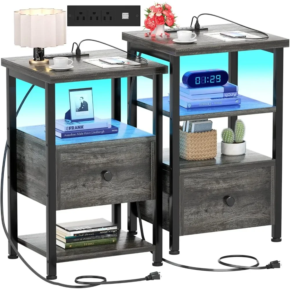 

Nightstands Set of 2, 3-Tier Nightstand with LED Lights, 26.8'' Charging Station and USB Ports, Adjustable Wood Drawers