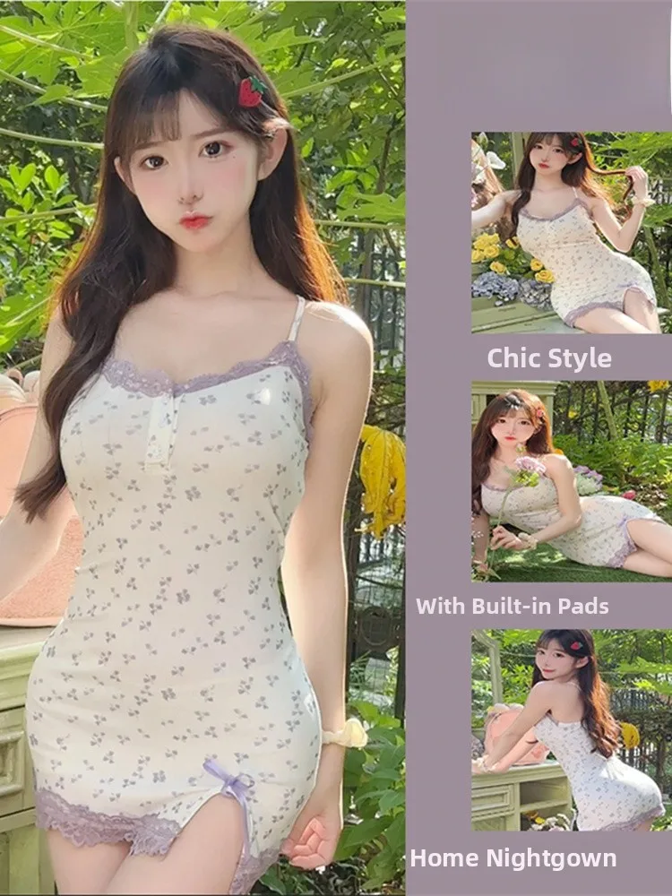 Floral Lace Chemise Nightgown Women's Summer Pure Desire Style with Chest Pad Sleepwear Sweet Sexy Wrap Body Home Clothes