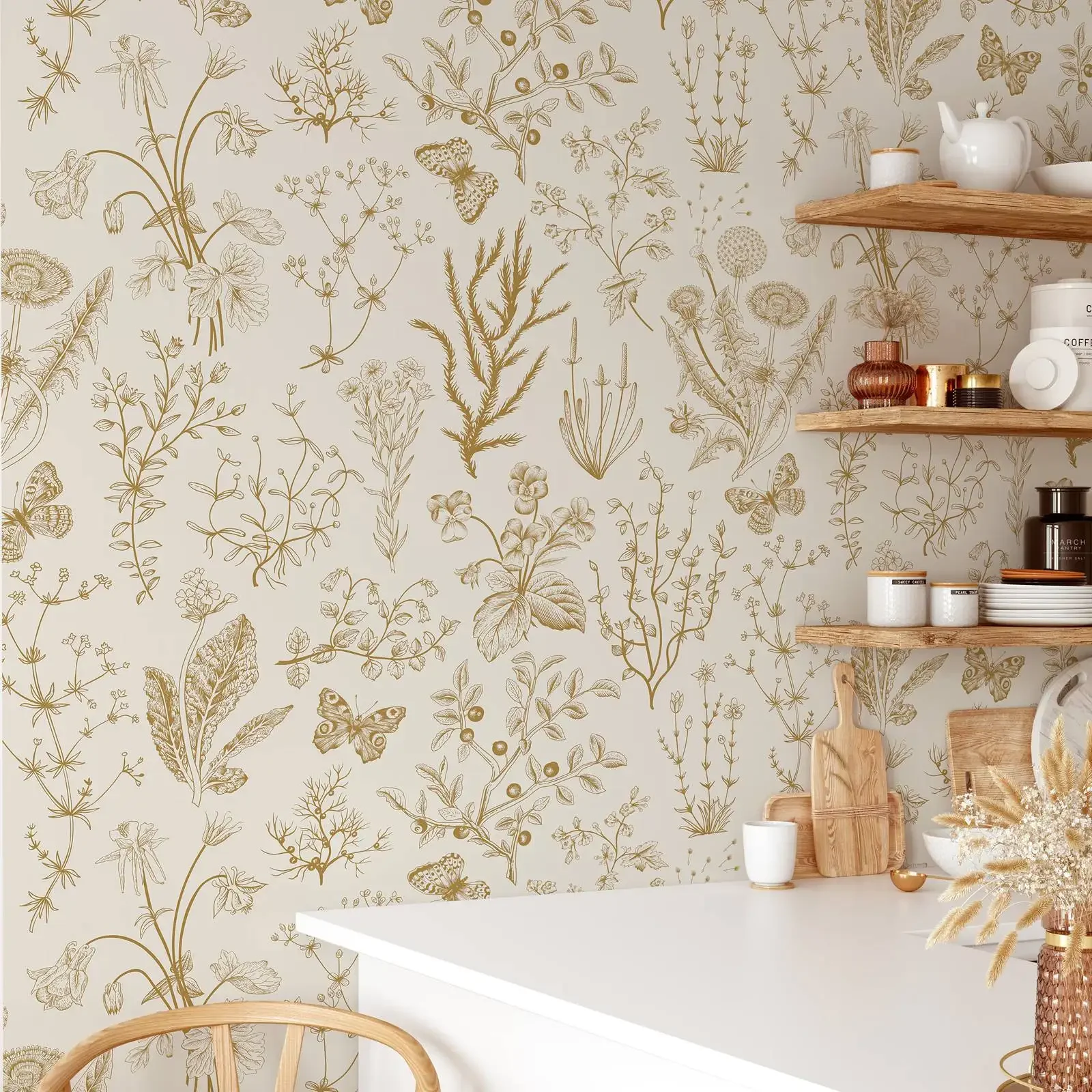 carta-da-parati-naturale-gialla-murale-botanico-con-farfalle-e-giardino-motivi-floreali-vivaci-e-fantasiosi-autoadesiva-o-tradizionale