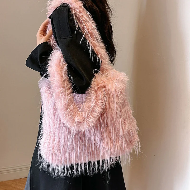 

Fashion Y2K Large Capacity Fluffy Plush Tote Bag Solid Color Long Plush Tassal Faux Fur Shoulder Bag Luxury Warm Shopper Purses