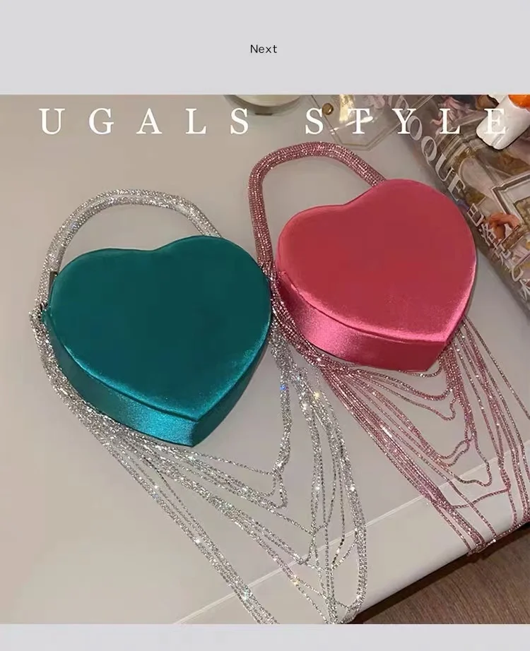 Luxury Bling Tassel Women's Handbag Satin Heart Shaped Shoulder Bag Glitter Shiny Diamond Evening Bag Wedding Party Clutch Purse