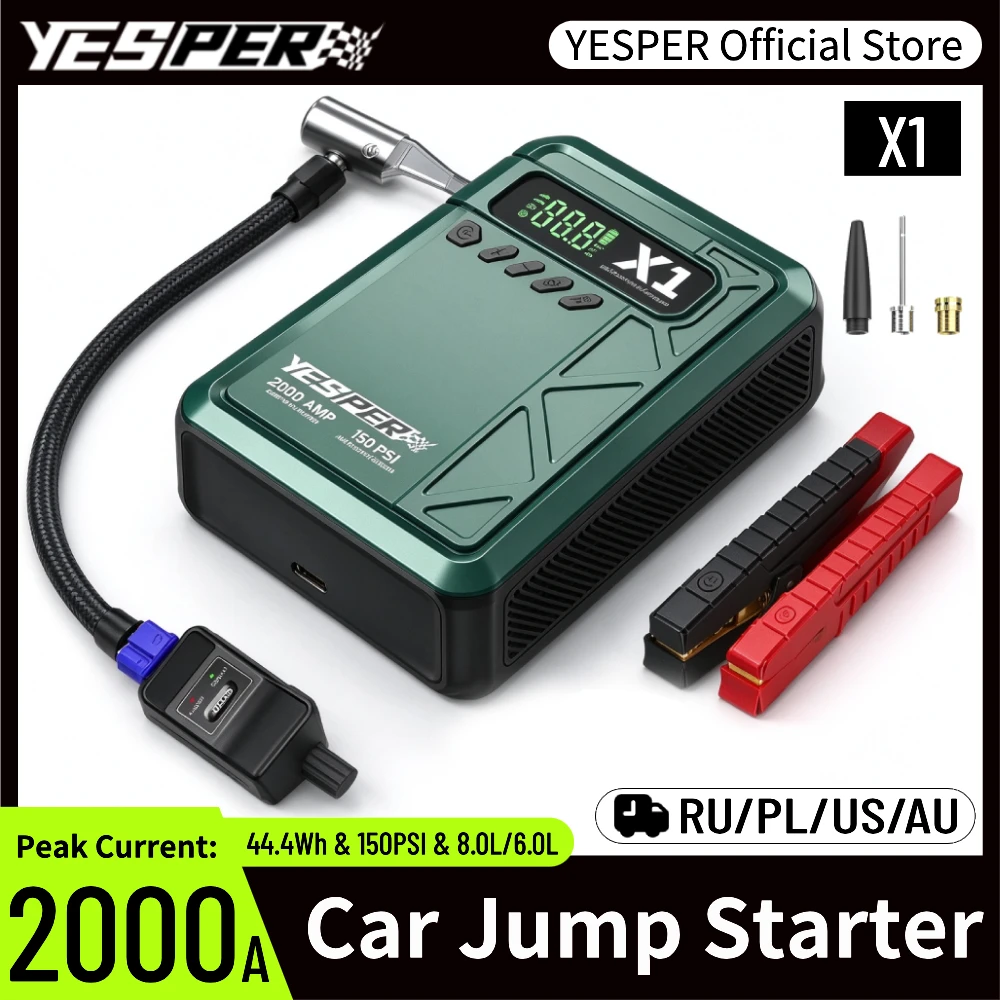 YESPER 2000A Jump Starter & 150PSI Air Compressor, Cold-Resistant -20°C, 12V for 8L Gas / 6L Diesel Trucks, LCD Display