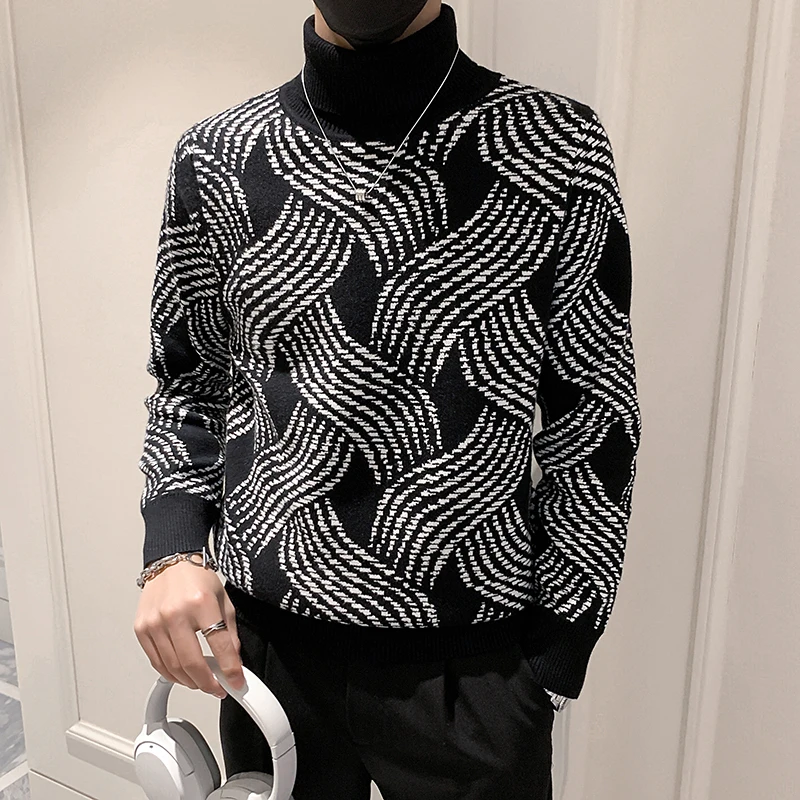 

Autumn Clothing Men's Luxury Knitted Pullover Sweater Long Sleeve Mock Neck Korean Popular Retro Fashion Leisure Knitwear D75