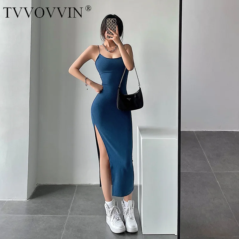 TVVOVVINSexy Slim Shoulder Strap High Split Long Skinny Hip Strap Tank Maxi Long Dresses Party Dress Sexy Korean Women PKIJ