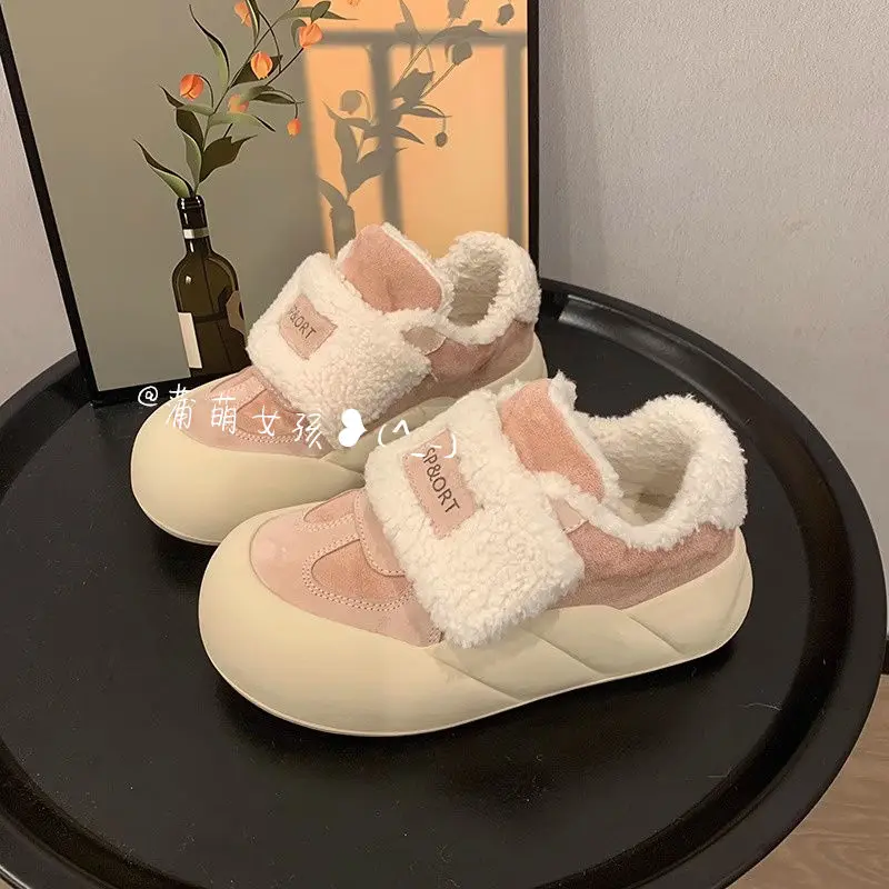 Winter Women Breathable Warmly Sneakers White Wool Shoes Thick Heel Sneakers Casual Platform Y2K Lolita Round Toe Bread Shoes