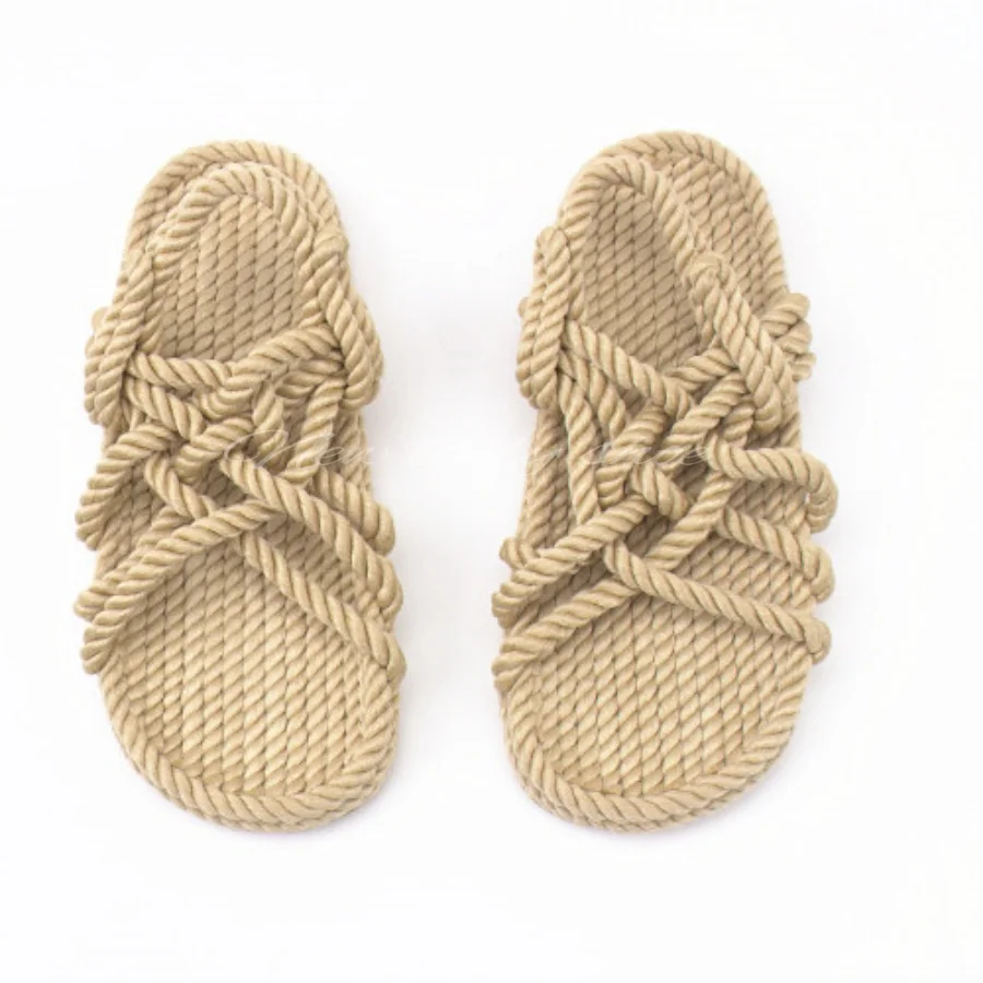 Woven Hemp Rope Crisscross Strap Flat Roman Sandals Women Open Toe Slip On Bohemian Summer Beach Casual Shoes