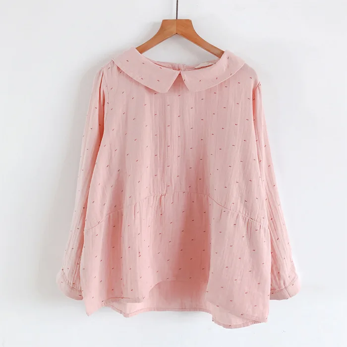 

Японские винтажные хлопковые рубашки в стиле Mori Girl с принтом фруктов, женские весенние блузки с воротником Питер Пэн, с длинным рукавом, повседневные свободные топы