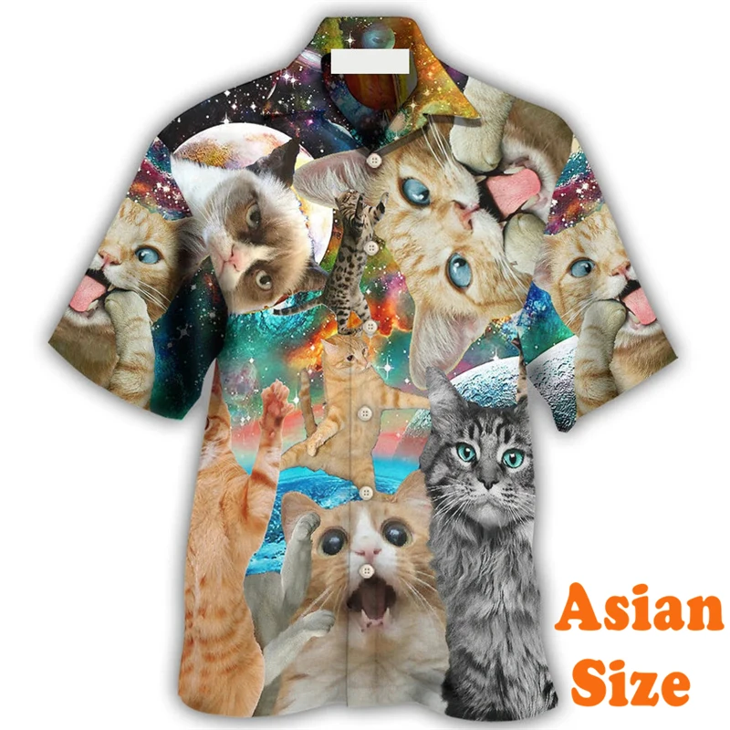 Space Cat Cool Unique 3D Print Shirts Men Women Psychedelic Personality Cute Animal Short Sleeve Lapel Shirts Popular Harajuku