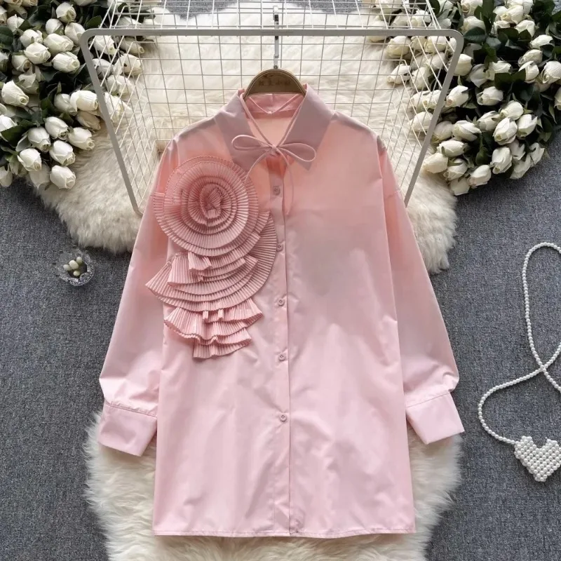 Franse Chic Vrouwen Blouse Mode 3D Bloemen Lange Bladerdeeg Mouw Turn-down Kraag Lace Up Herfst Vrouwelijke Tops Dropship