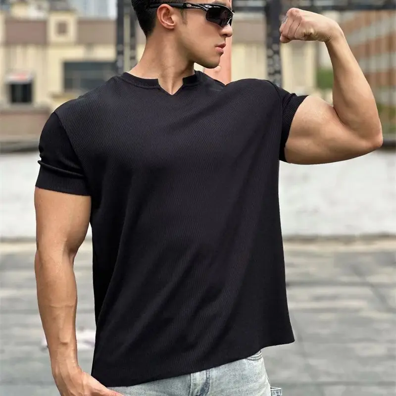 Gym loose men's sportswear V-neck short-sleeved T-shirt top vertical grain solid color casual men's wear